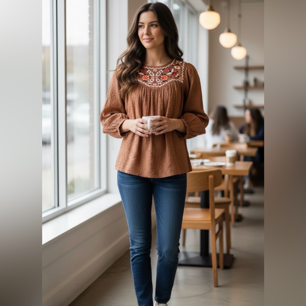 Max Studio Tan Blouse with Embroidered Detail